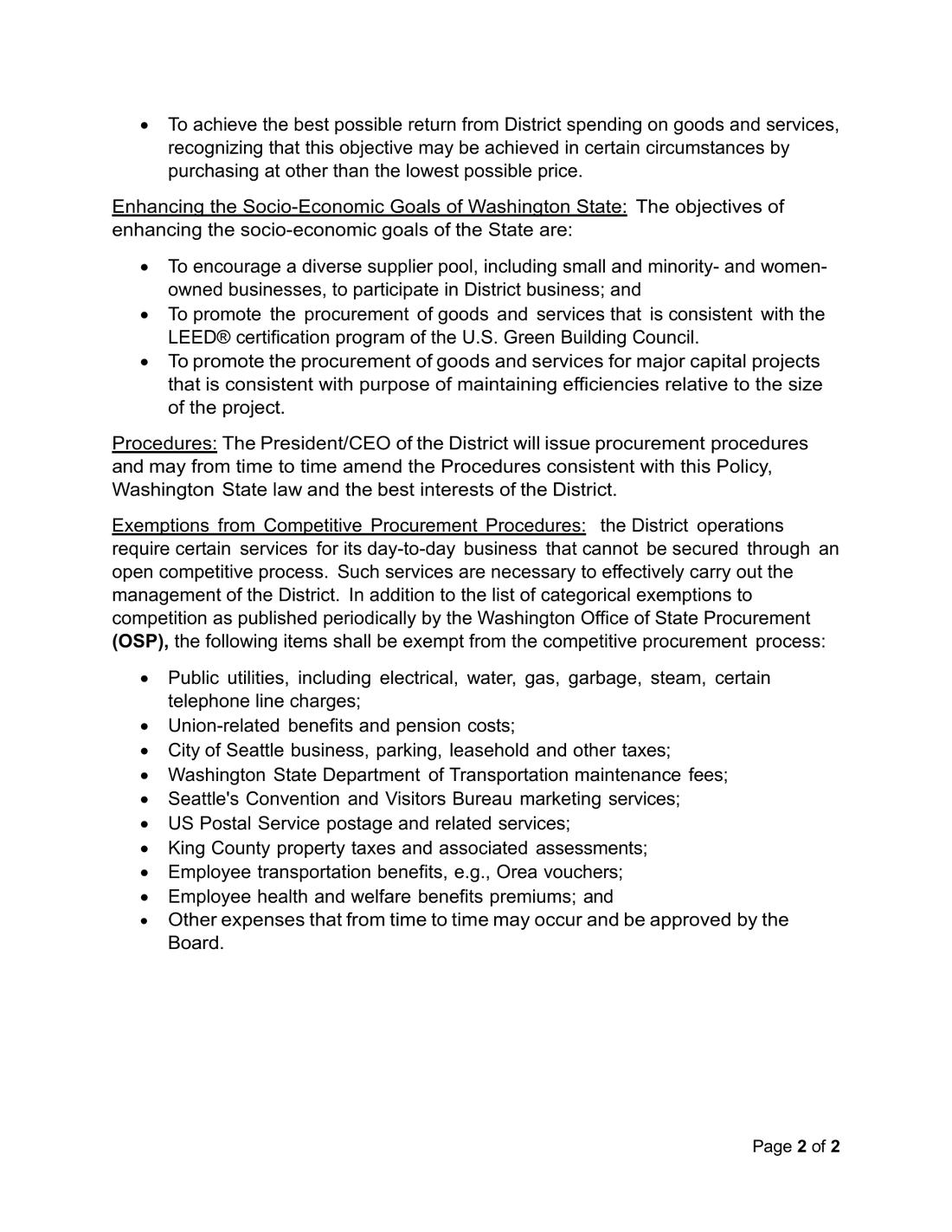 B6 — Board Policy 7, "Exemptions from Competitive Procurement Procedures": the District "require[s] certain services for its day-to-day business that cannot be secured through an open competitive process," then lists utilities, union benefits/pensions, City taxes, WSDOT maintenance fees, "Seattle's Convention and Visitors Bureau marketing services," postage, King County property taxes, transit vouchers, health premiums, and "other expenses… approved by the Board.", page image