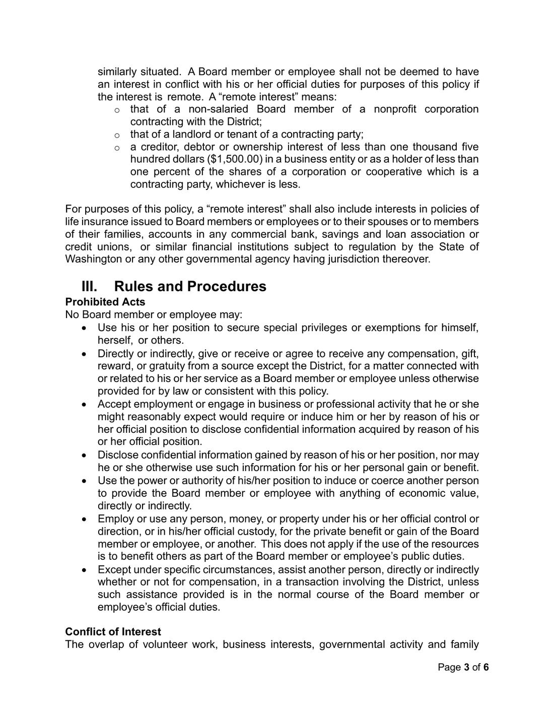 B7 — Policy 8, rev. 04-22-2025: conflicts "will be disclosed, and the member will not participate in the decision-making process"; members "will avoid evaluating or voting on the matter involved. This includes the award of contracts", page image