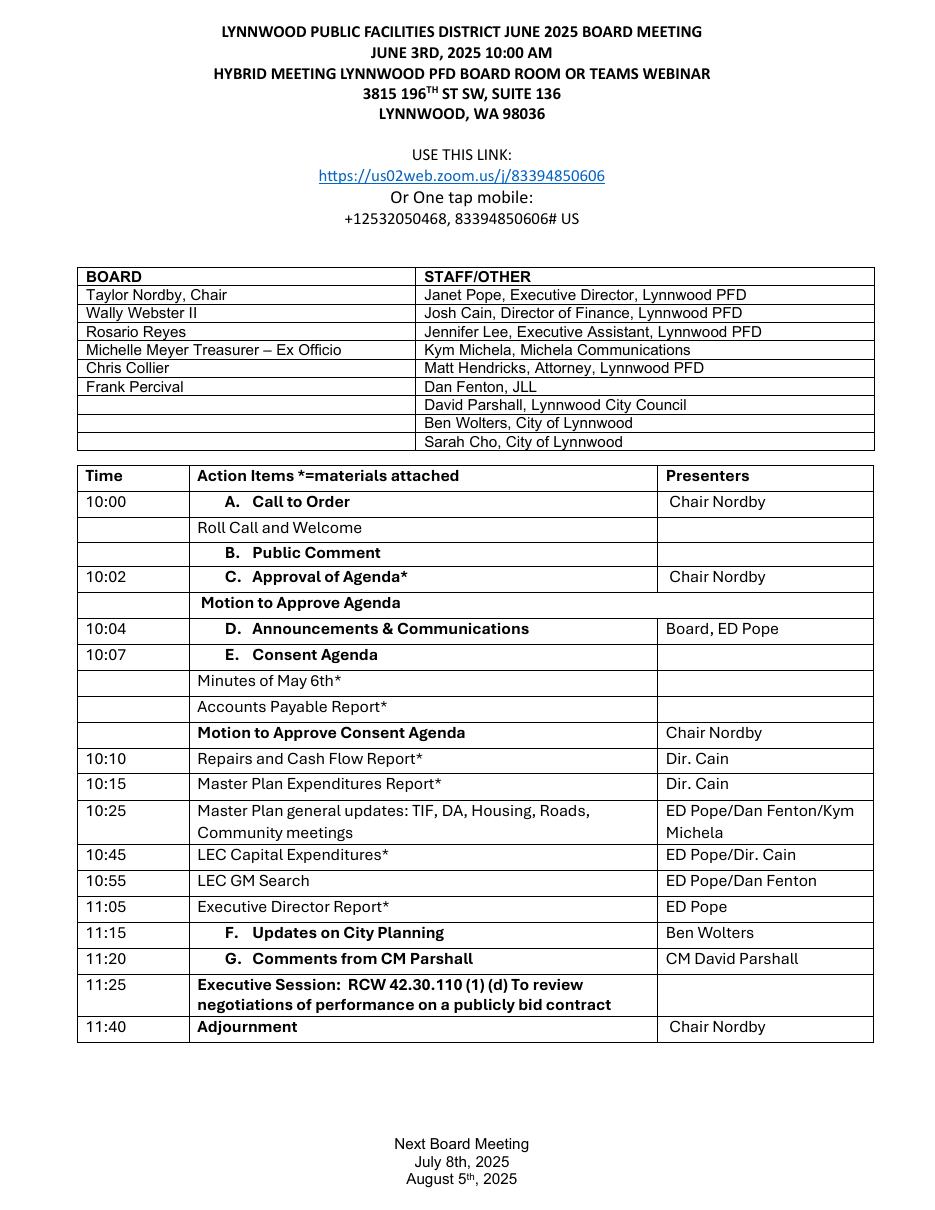D16 — Lynnwood PFD board agenda 6/3/2025 (PDF held via Lynnwood Today; page 1 rendered), page image