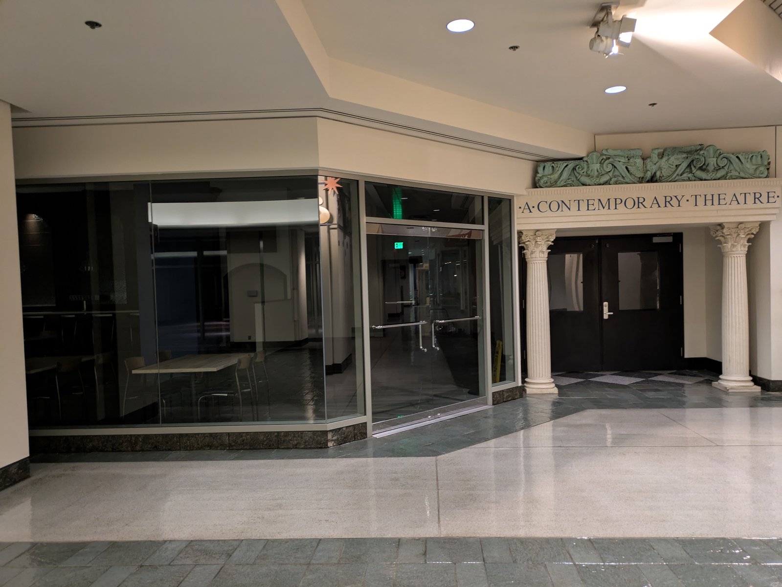 The locked entrance to A Contemporary Theatre in the Washington State Convention Center's Galleria corridor.
