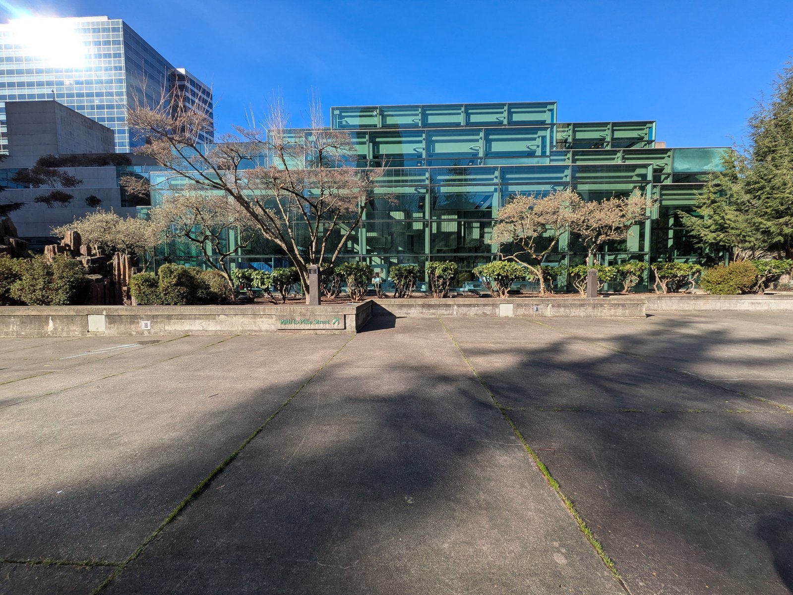 Ellis Plaza today: between Arch Atrium Lobby and Freeway Park, Feb. 11, 2026 — the day of the Seahawks Victory Parade