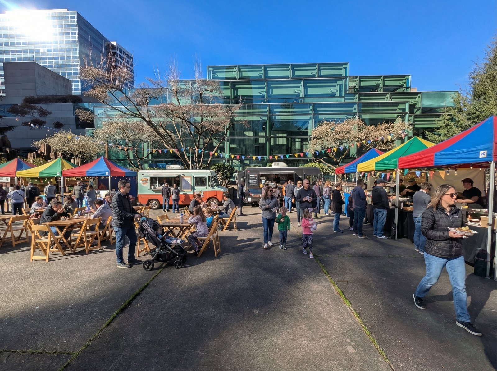 Ellis Plaza, AI-generated rendering of outdoor food market as part of Seattle Commons proposal.
