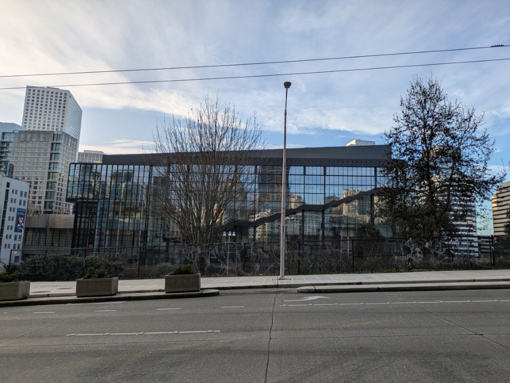 The view from Avia: the Summit building across Pike Street and the I-5 express lanes. This is what $2,444 a month looks at.
