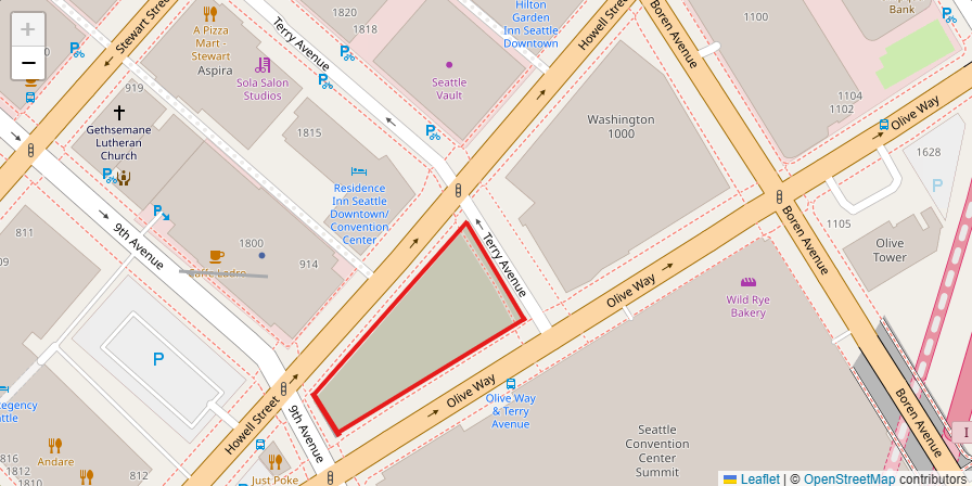 920 Olive Way — the wedge-shaped parcel outlined in red. Washington 1000 to the west, the Summit to the south, Howell Street to the north.
