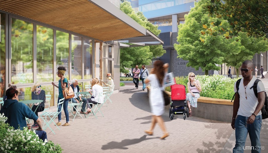 Washington 1000 in background. Strollers. Bistro chairs. Planters. LMN Architects, 2018. Source: WSCC Addition project website (archived).