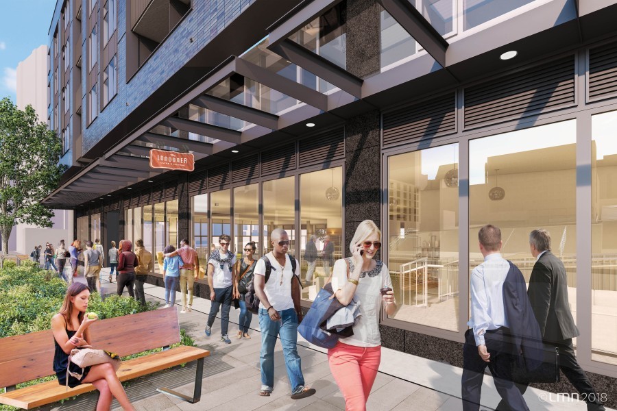 Ground-floor retail on Olive Way. LMN Architects, 2018. Source: WSCC Addition project website (archived).
