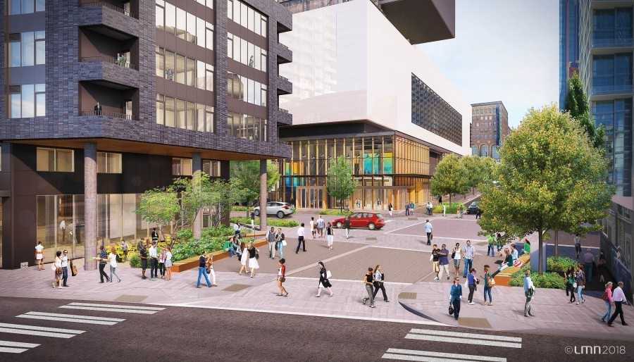 The vision for 9th Avenue: pedestrians, outdoor seating, colorful storefronts. LMN Architects, 2018.