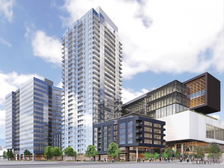 What was envisioned: LMN Architects' 2018 rendering of the 29-story, 400-unit residential tower at 920 Olive Way, with the Summit rising behind it. Source: WSCC Addition project website (archived).