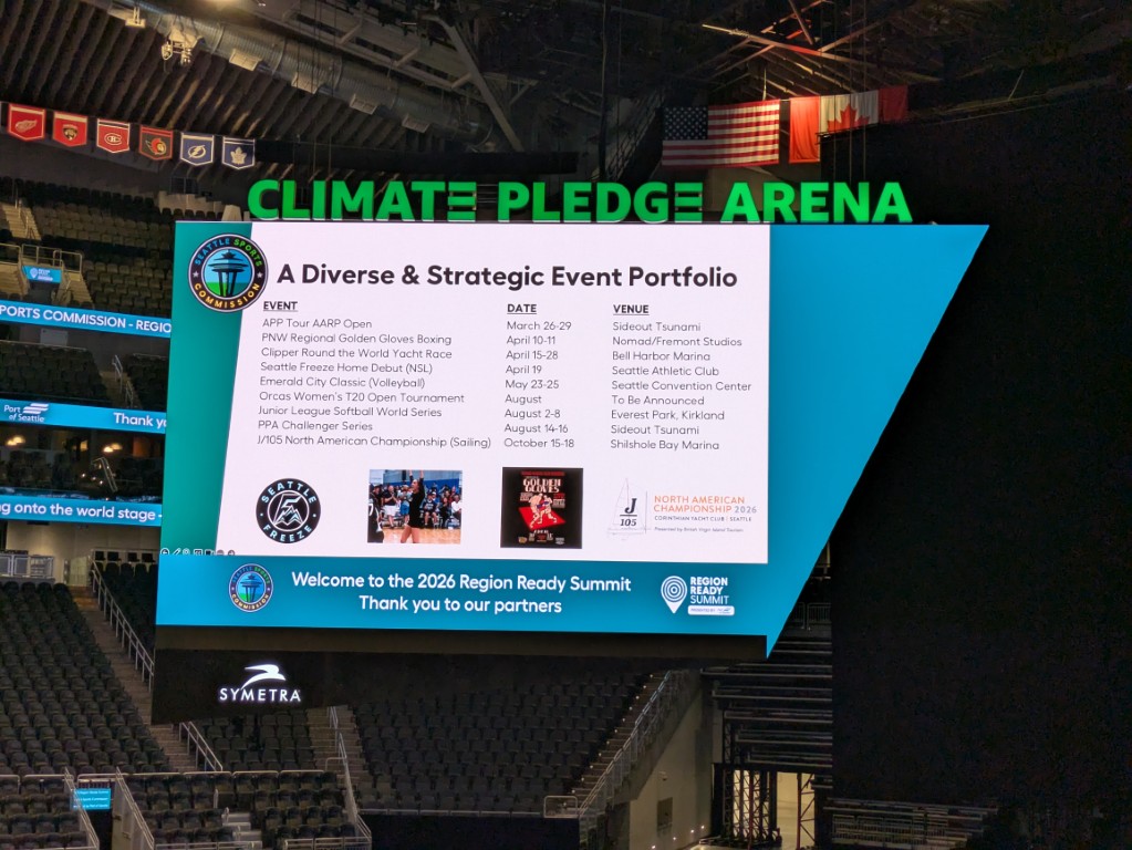 The Seattle Sports Commission's event portfolio: volleyball, boxing, yacht racing, softball, and more — distributed across venues citywide, including SCC. February 24, 2026.