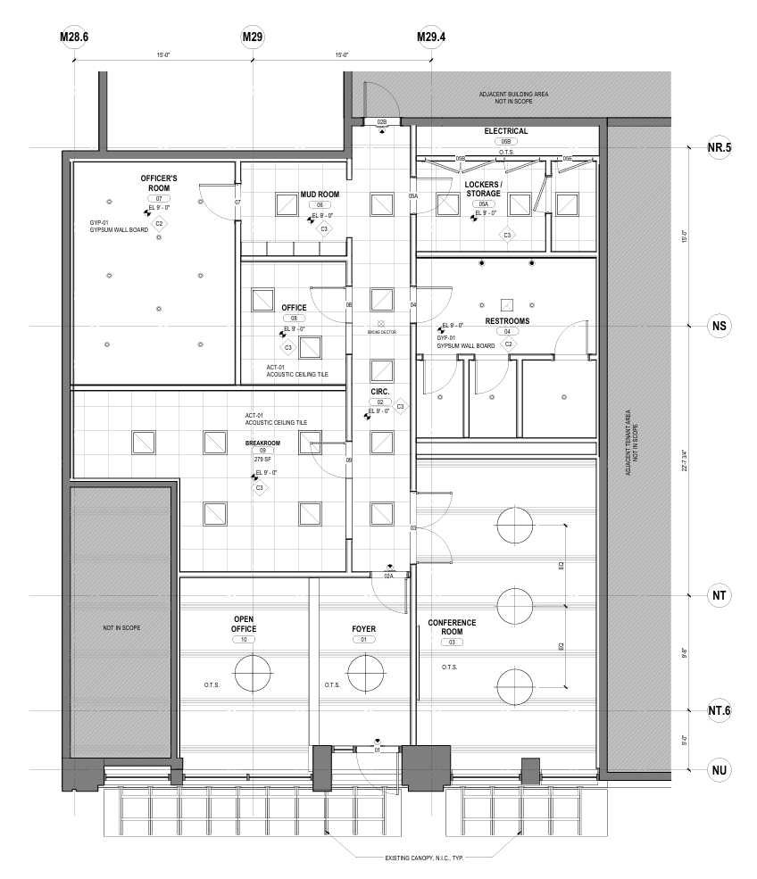 Floor plan of C-STAR. Contract 550-0126-1, public procurement record. Officers Room upper left; Conference Room lower right; Foyer at bottom (Pike Street); garage connection at top.