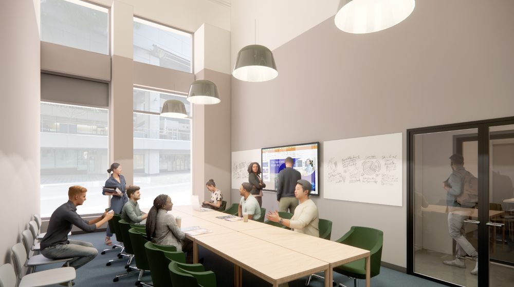 A glass-walled conference room with a long table and a wall screen mid–video call.
