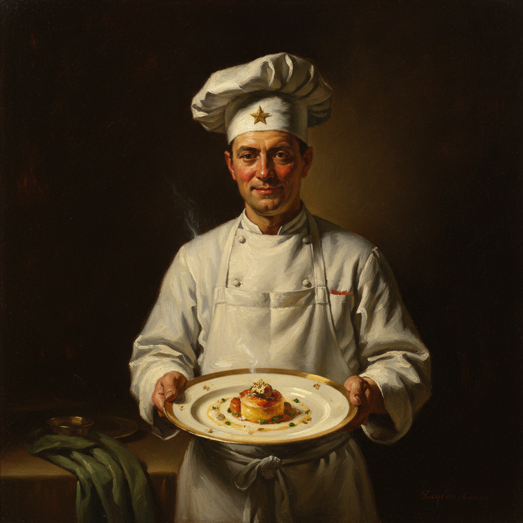 Illustration: a proud chef presents a glistening, beautifully plated gourmet dish, a small gold four-pointed star pinned to his toque.