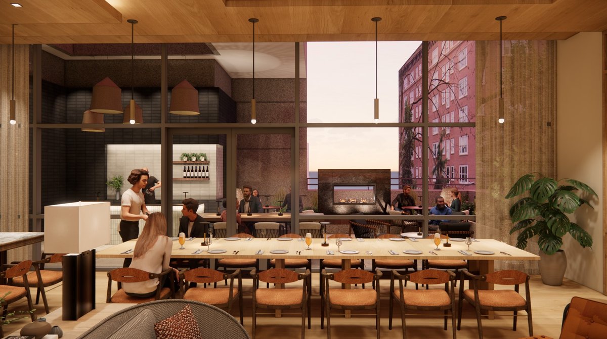 Tasting Room 601, 'View to Terrace' — SKB Architects rendering, from the convention center's February 24, 2026 board deck.