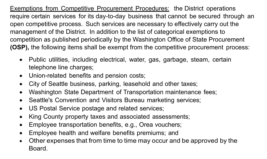 The exemptions section of Board Policy 7: a bulleted list of services exempt from competitive procurement — utilities, taxes, postage, and Seattle's Convention and Visitors Bureau marketing services.