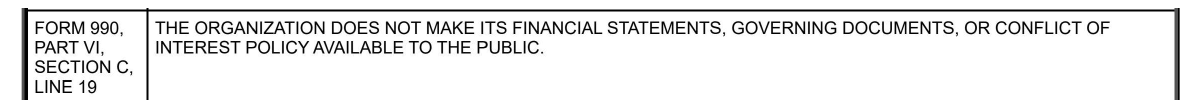 Schedule O of Visit Seattle's Form 990. Line 19 reads: the organization does not make its financial statements, governing documents, or conflict of interest policy available to the public.