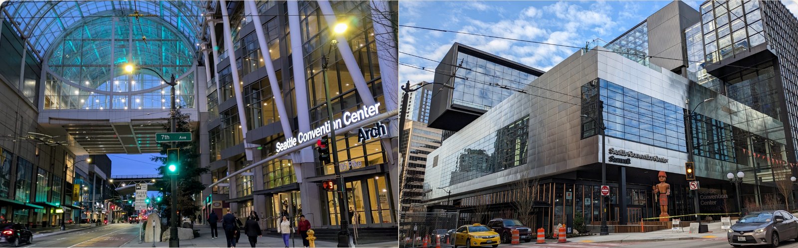 Two photographs side by side. Left, the Arch's glass vault over Pike Street at 7th Avenue at dusk, the Seattle Convention Center Arch sign lit on the building's corner and traffic lights green up the hill. Right, the Summit from Pine Street, its mirrored halls cantilevered over the sidewalk under a blue sky, a carved figure at the entrance and a yellow taxi at the curb.