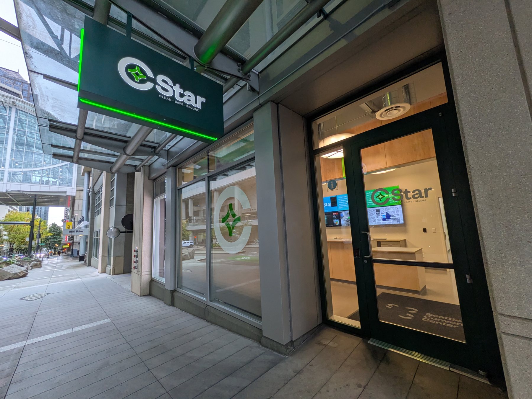 C-STAR at 810 Pike, under the "CStar · Clean · Safe · Secure" blade sign, October 9, 2026. Photo: Ivan Schneider.