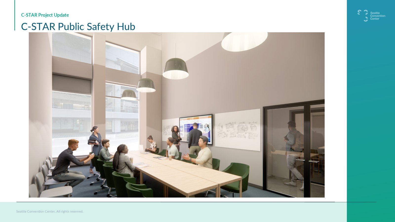 Rendering of the C-STAR conference room: a long table with green chairs, a wall screen showing a video call, whiteboards, and glass doors.